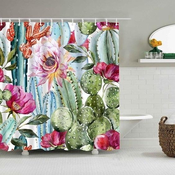 Polyester shower curtain pictured in the source guide as a household textile application.