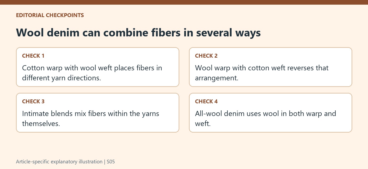 Wool denim can combine fibers in several ways
