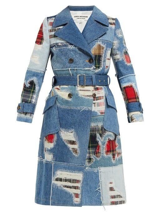 Patchwork denim trench coat pictured in the source guide.