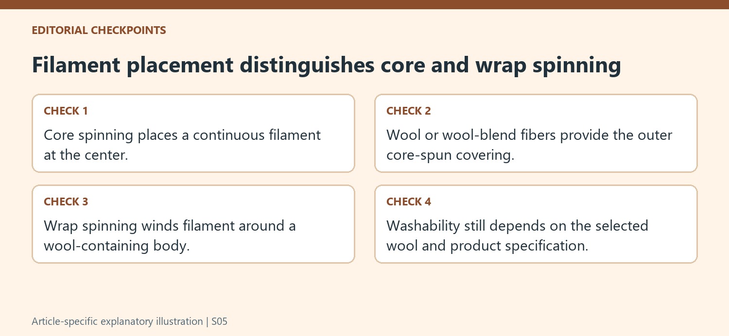 Filament placement distinguishes core and wrap spinning