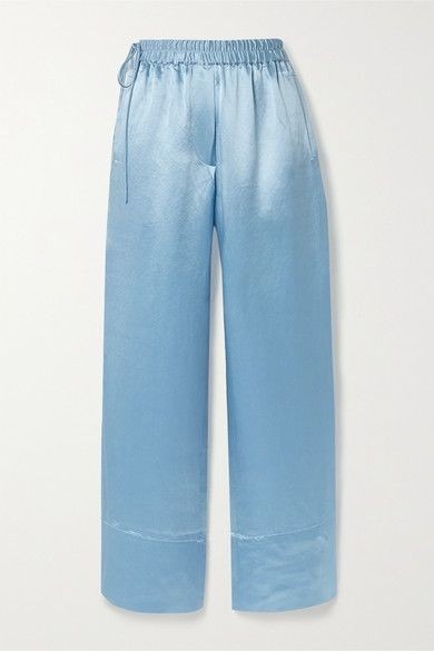 Blue charmeuse trousers pictured in the source guide, showing the fabric in a garment.